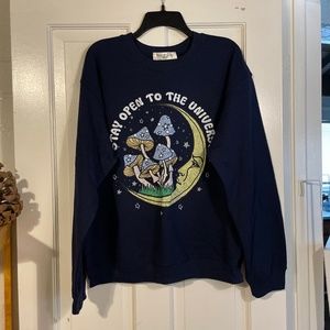 Women’s Navy Blue Moon Mushroom Stay Open Crew Neck Sweatshirt Size L (11-13)